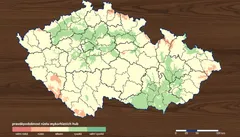 Mapa hustoty obyvatelstva v okresech České republiky podle barevné škály.